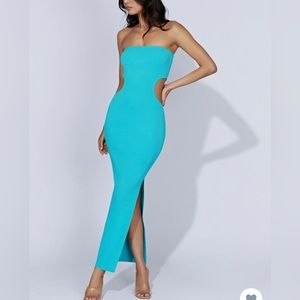 Meshki Jaw Dropping Bandeau Teal Maxi Dress, size M